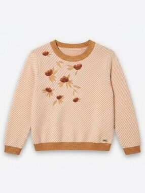 Sz M Des Petits Hauts Women's Striped Floral Embroidered Sweater Metallic Trim